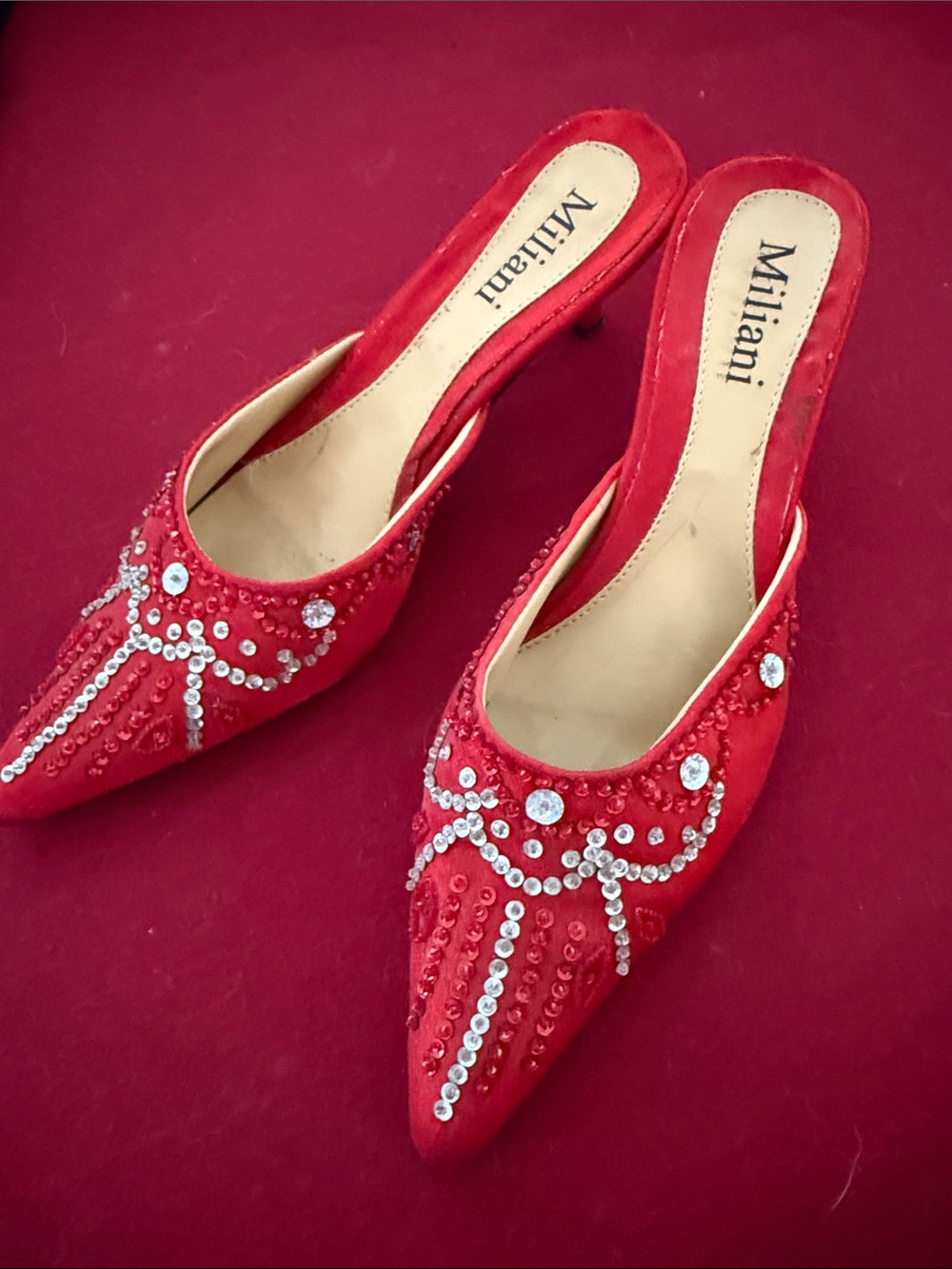 Vintage Milani Red Crystal-Embellished Pointed Toe Mules